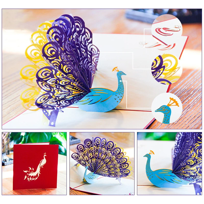 3D Pop UP Carved Peacock Cards Creative Gift Card for Girl Kids Wife Husband Birthday Cake Greeting Card Christmas Postcard Gift