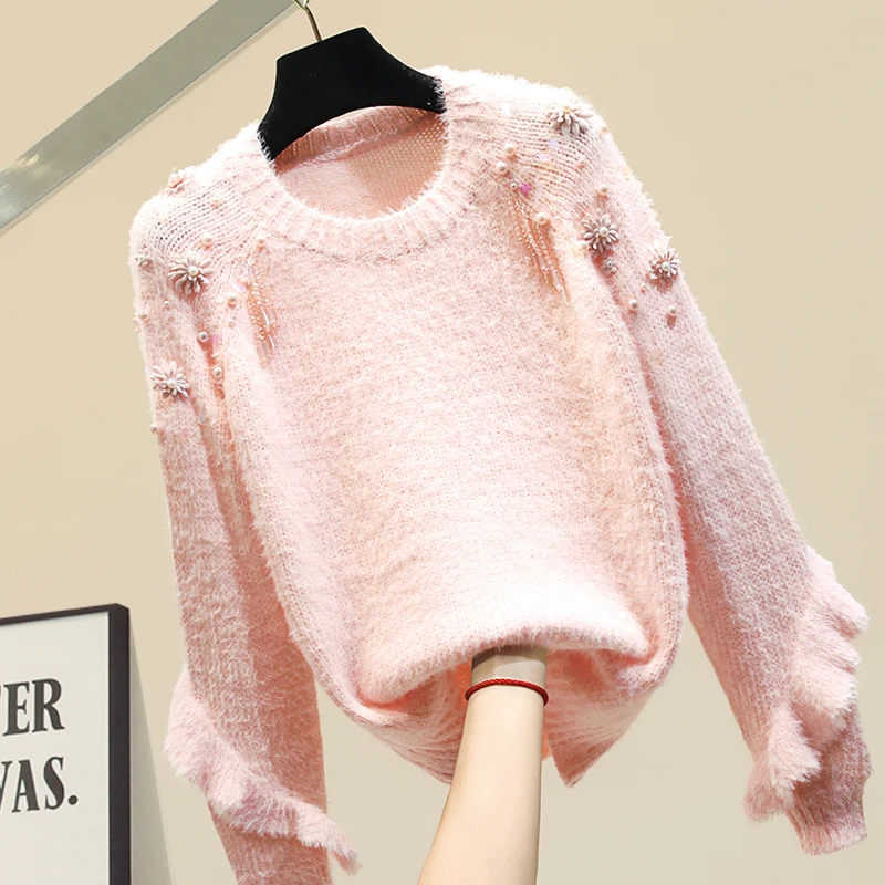 

Bead Ruffle Sweater Women Flower Sleeve Sweater Women's New Knitted Top Thickened Loose Outwear Ins Female Soft Sweaters Blue