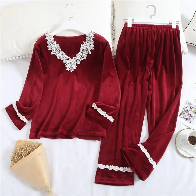 Autumn Winter Women Pyjamas Sets Warm Coral Flannel Nightgown Female Patchwork Lace Sleepwear Suit