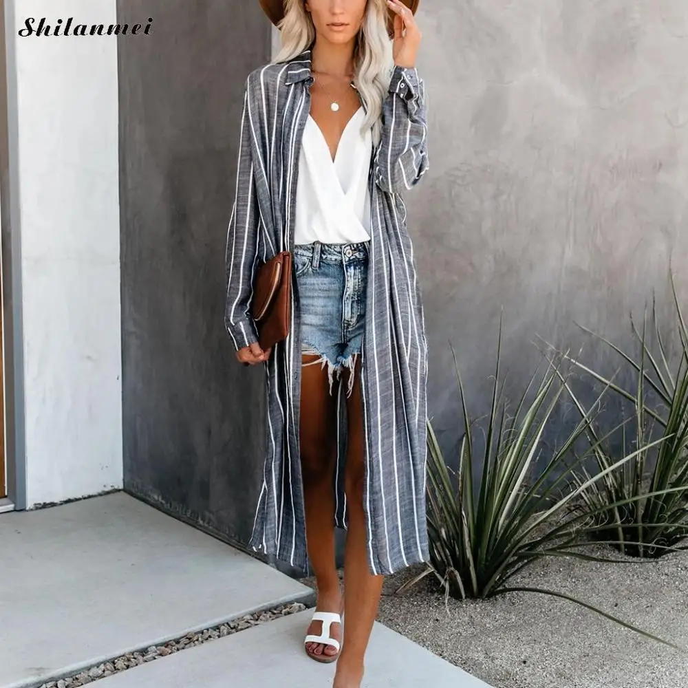 

Boho Striped Kimono Cardigan Women Long Sleeve Blouse Summer Autumn Beach Cover Up Long Tops Loose Ladies Shirts Blusas Outwear