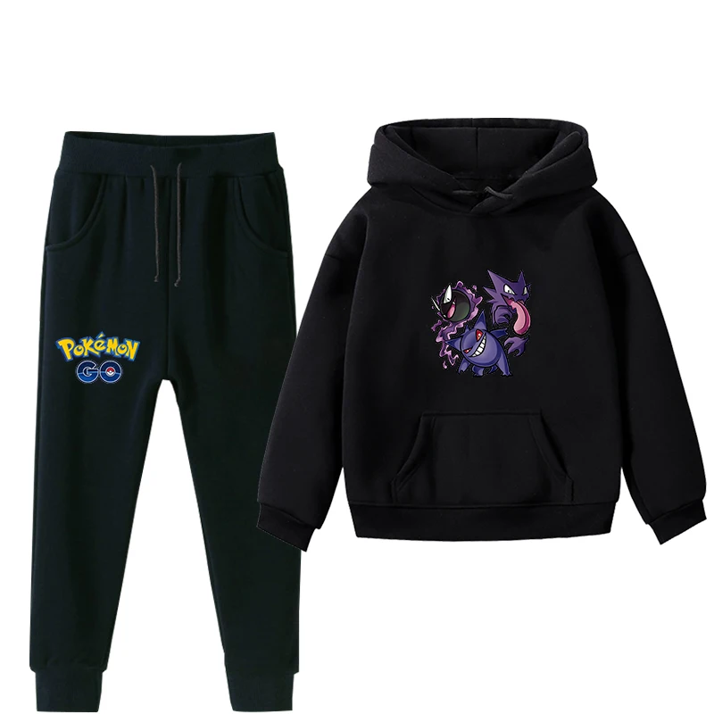 Discount Pokemon hoodie set for children, Autumn Winter, warm, boy, girl, hoodie, sweater, sports pants, children, clothing sets 2 pieces