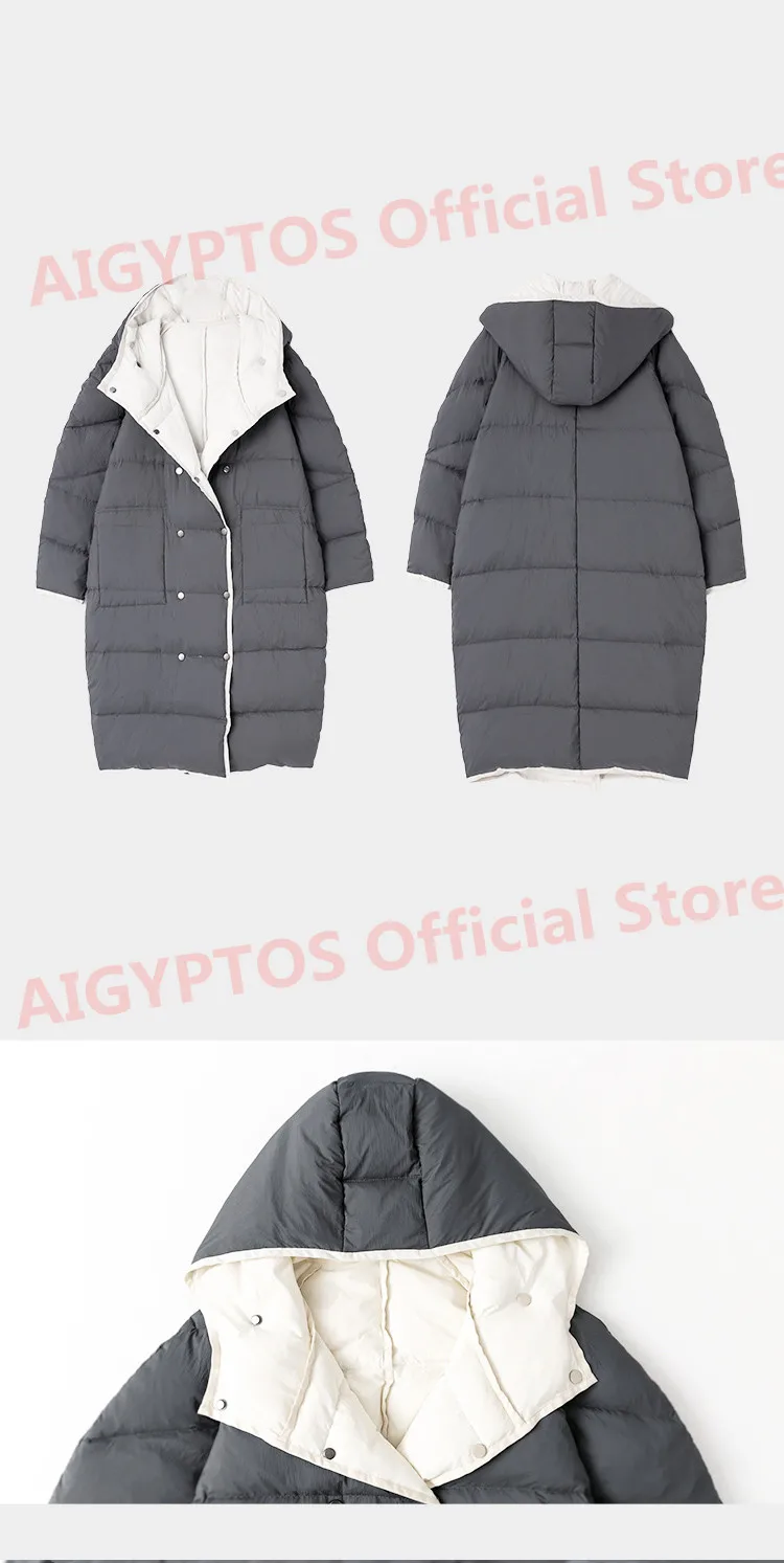 Дизайн AIGYPTOS, Женское зимнее повседневное свободное плотное теплое двустороннее пуховое пальто с капюшоном, Офисная Женская длинная пуховая куртка, одежда