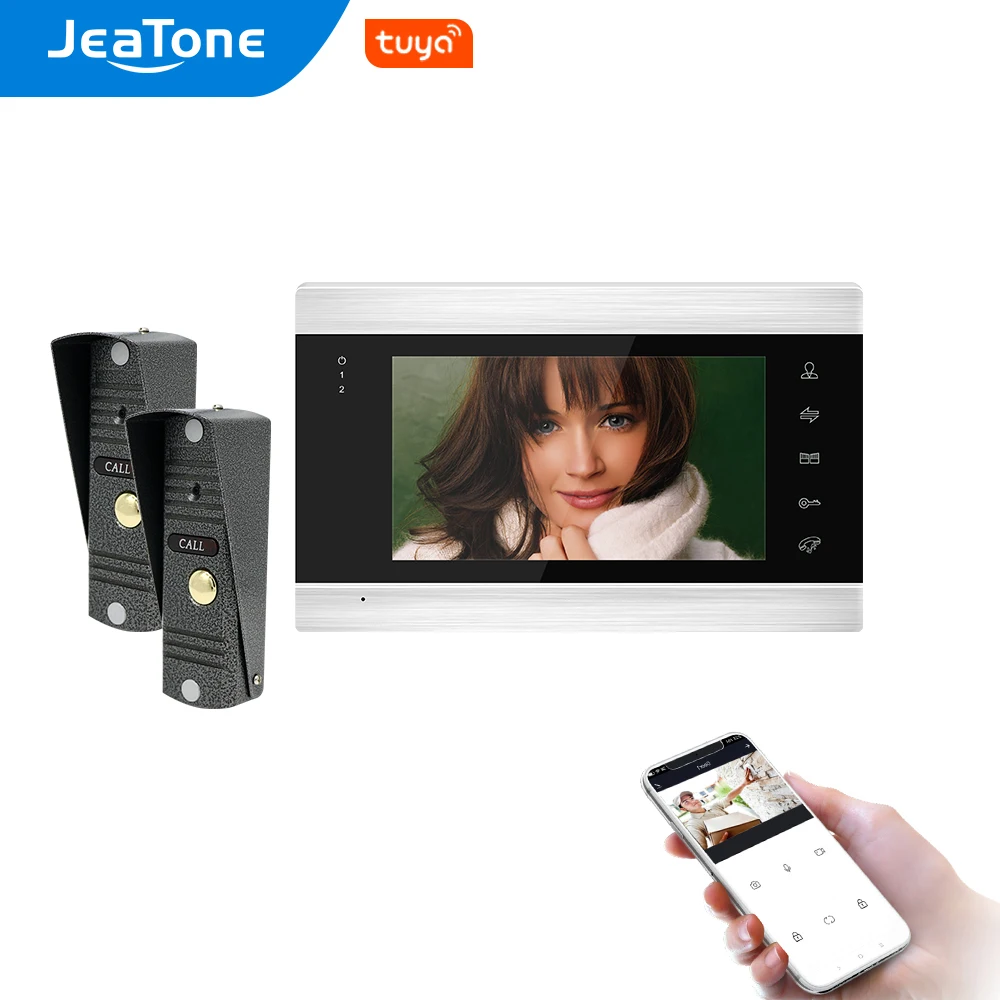 

Jeatone Wifi Tuya 7 дюймов видео домофон с 2 шт 720P дверной звонок Система контроля доступа с дистанционным разблокированием, запись движения