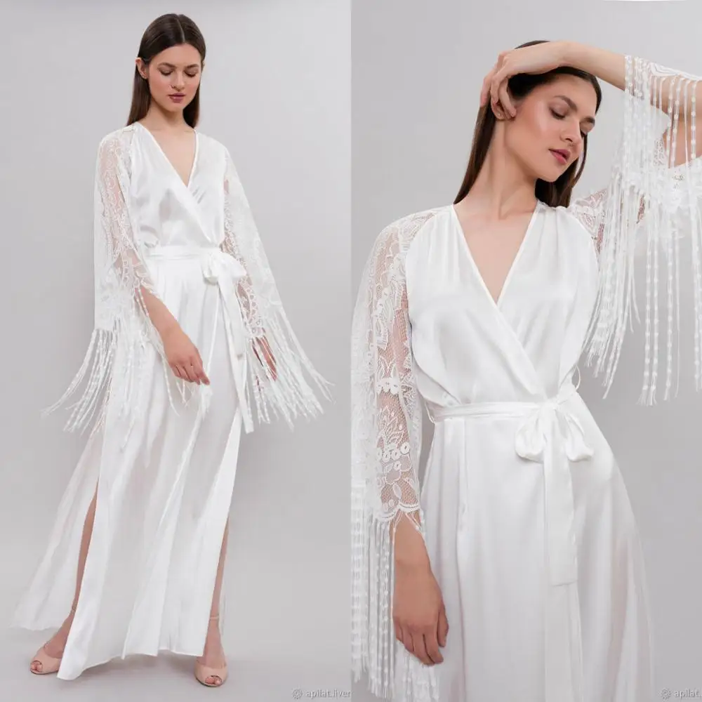 2020 New Night Robe with Lace Long Sleeves Side Slits Women Bathrobe