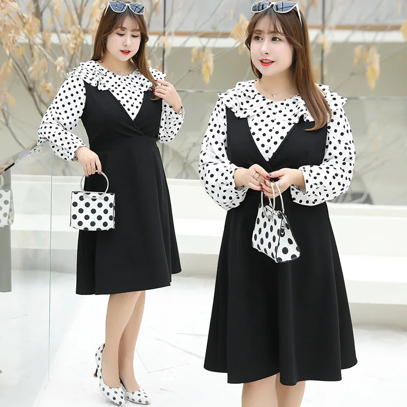 

Xuan chen Spring New Style Fat Mm Large Size Dress Plus-sized Smart Polka Dot Two-Piece Set a Generation of Fat A159 H
