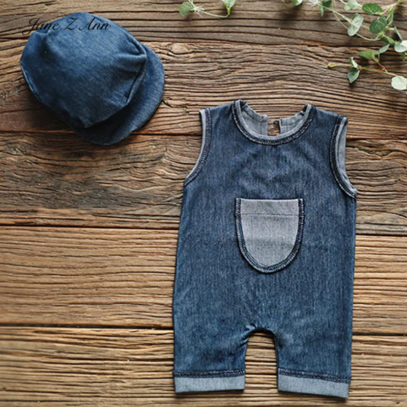 Jane Z Ann Baby boy denim elastic jumpsuit with hat newborn photo props studio shooting accessories