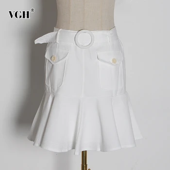 

VGH Sexy Patchwork Ruffles Skirts For Women High Waist With Sashes Ruched Mini Elegant Skirt Female Fashion 2020 Spring Clothing