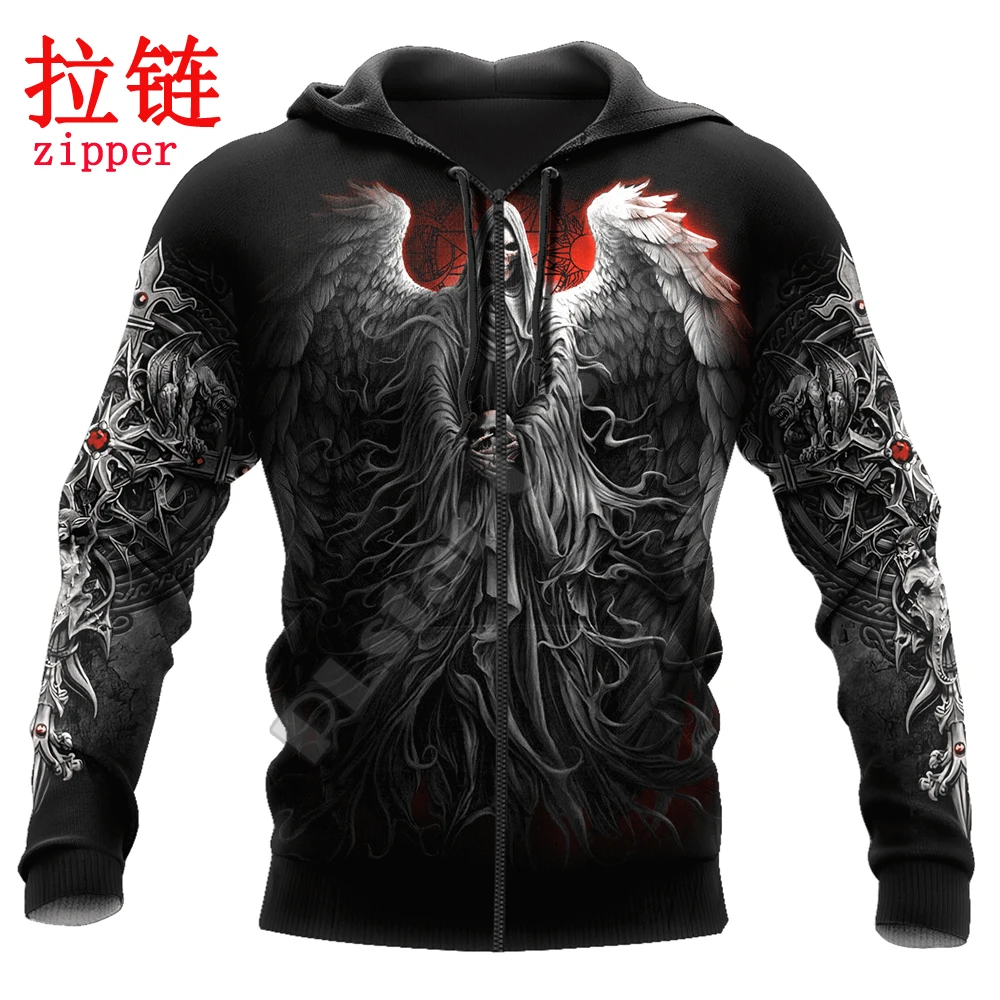 Reaper Skull With Angel Wings 3D All Over Printed Men's Hoodie & Sweatshirt Autumn Unisex Zip Hoodies Casual sportswear KJ854