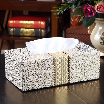 

Car Home Rectangle Shaped Tissue Box Household Living Room Desktop Napkin Tissue Holder White&Gold