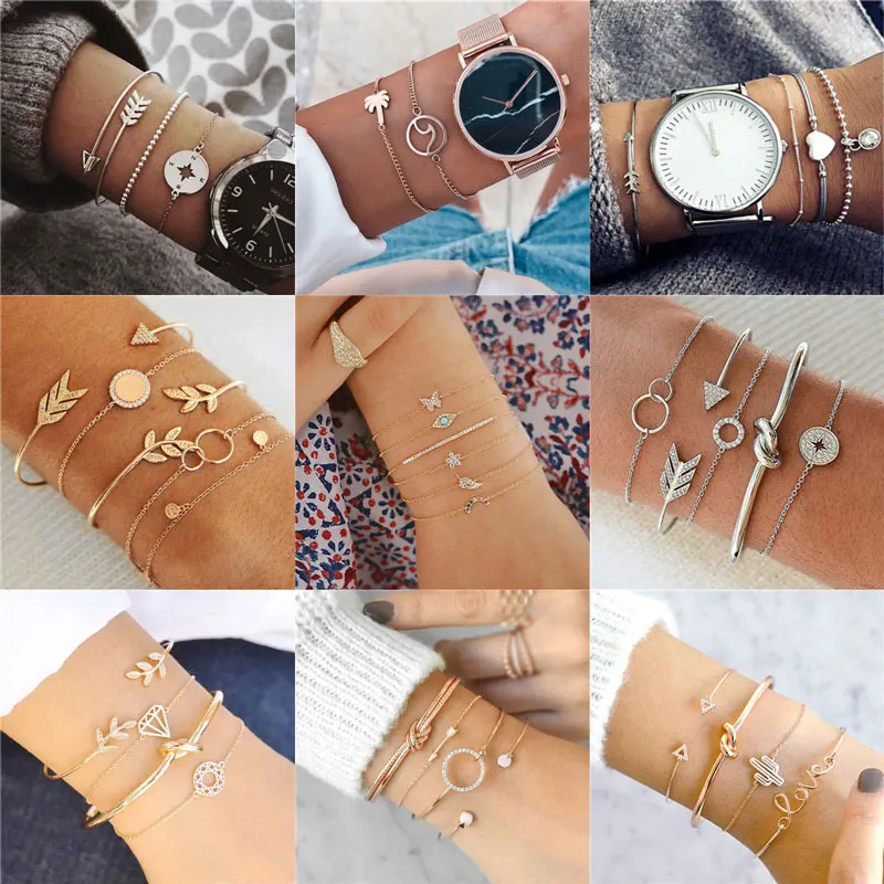 

30 Style Boho Bird Turtle Map Heart Leaf Arrow Bracelets Shell Bead Palm Gem Chain Bracelet Set Exquisite Female Jewelry Gift