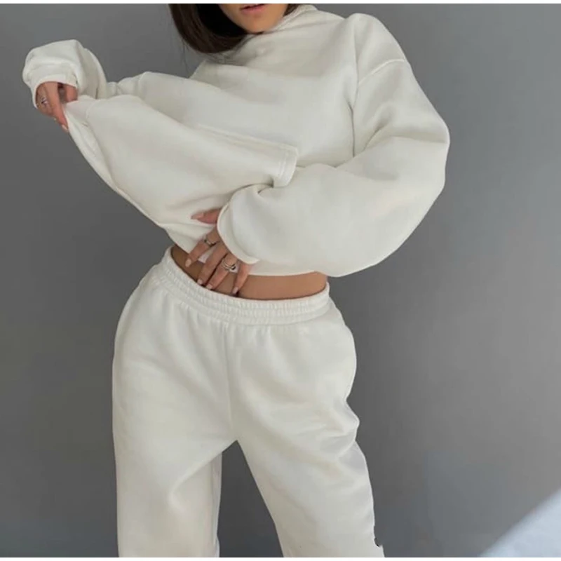 Women Elegant Solid Sets For Women Warm Hoodie Sweatshirts And Long Pant Fashion Two Piece Sets Ladies Lace Up Sweatshirt Suits