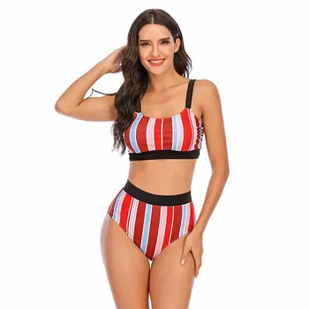 

&Women's color stripe swimsuit high elastic high waist tight bikini split quick dry sexy beach suit sports casual bikini