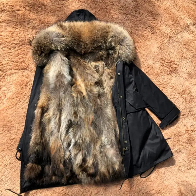 Fandy lokar натуральная меховая парка зимняя женская куртка теплая длинная Военная парка Настоящий мех кролика подкладка капюшон пальто из натурального меха енота - Цвет: FP03 black-raccoon
