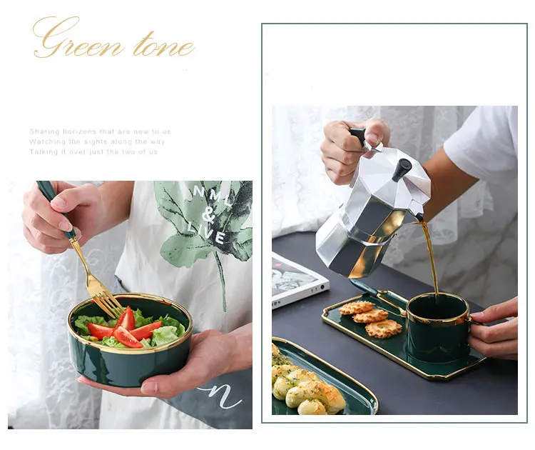 Gold Rim Green Ceramics Coffee Cup Mug And Saucers Sets Tea Soy Milk Breakfast Mug Dessert Plate Fashion Restaurant Snack Cup