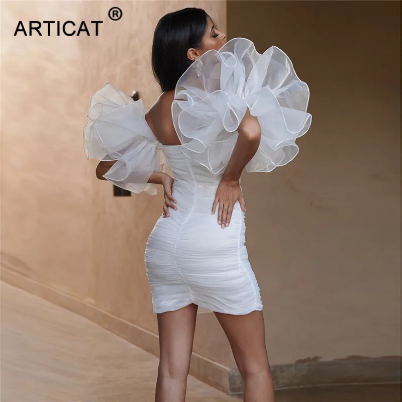 Articat, Двухслойное, с оборками, сексуальное женское платье для вечеринки, Сетчатое, в стиле пэчворк, короткое, облегающее, мини-платье, элегантное, с открытыми плечами, Клубные платья