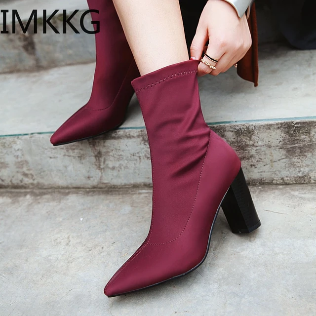 2020 Women Ankle Boots Sock Boots All Match Platform Pointed Toe Square High Heel Slip on Women Boots Big Size 35-43 Q00262