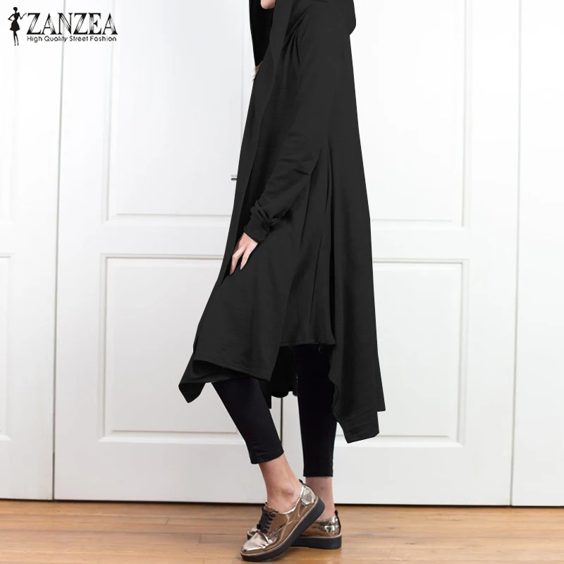 Мода ZANZEA женские толстовки с капюшоном кардиган с длинными рукавами куртки осень сплошной асимметричный подол полосатый каждодневный Свободный Длинный Верхняя одежда Женский Топ