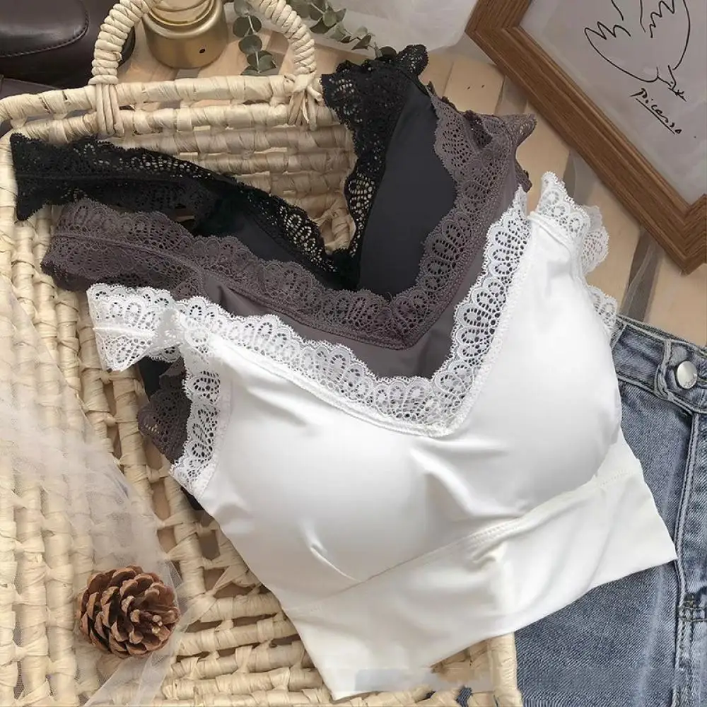 

Tops Women 2021 Ice Silk Seamless Comfortable Beauty Back Camisole Lace Straps Girls Breast-Wrapped Sports Underwear Crop Top