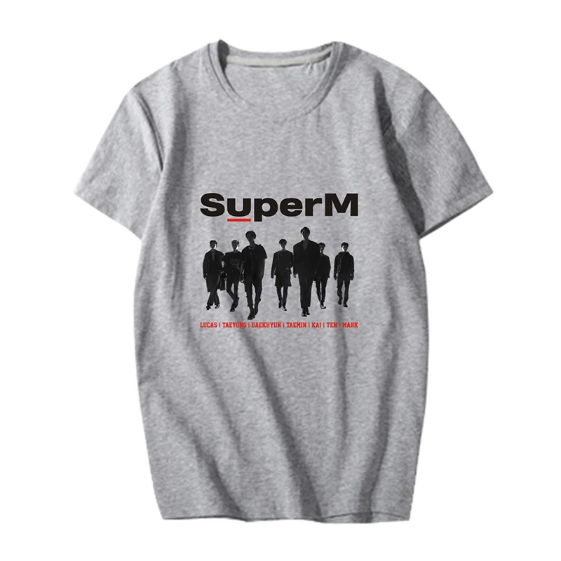 K-pop SuperM BAEKHYUN KAI Taeyong Taemin Mark Lucas Ten футболки с короткими рукавами Kpop SuperM Летние повседневные футболки для фанатов - Цвет: Серый