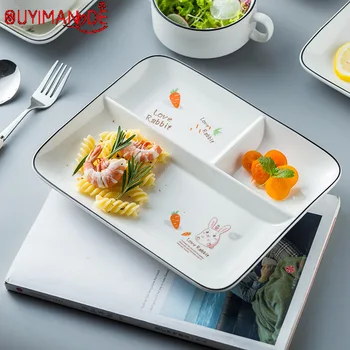 

Kindergarten Divider Plate Ceramic Children's Grid Tableware Baby Plate Three Grid Cute Cartoon Plate Weight Loss Tableware