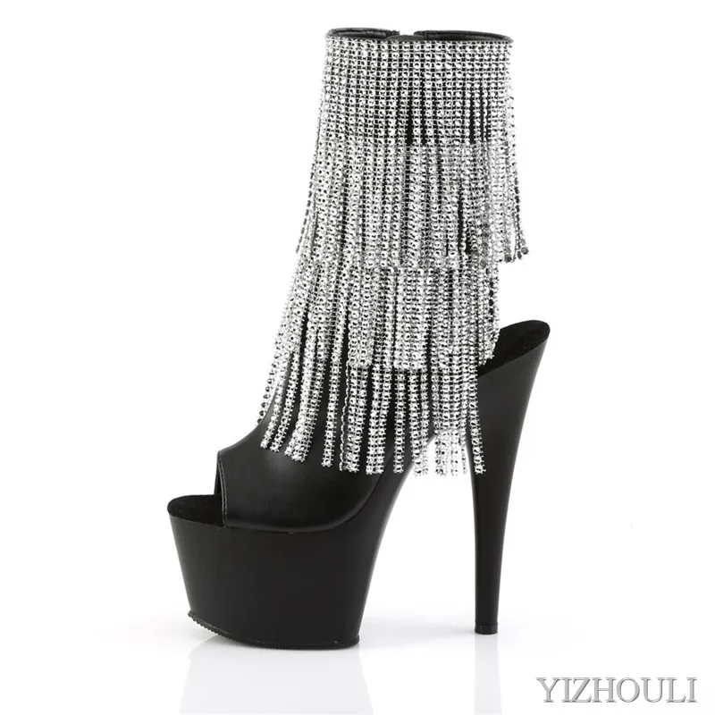 Party pole dancing 15cm ankle boots, sparkly fringed vamp with 6-inch road toe, sexy model, dancing shoes