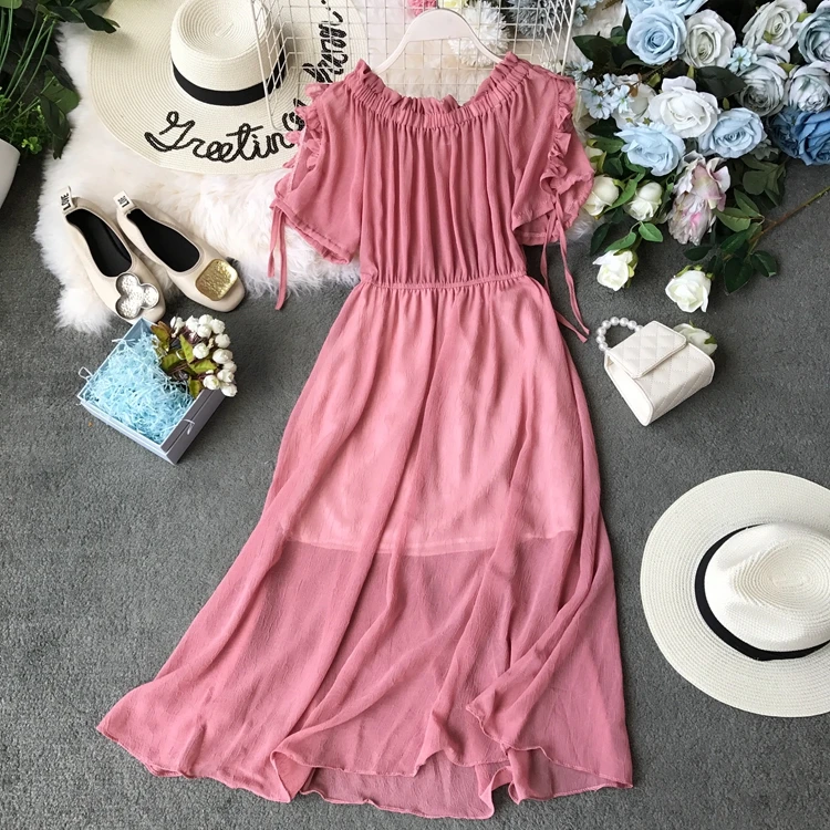 Женское шифоновое платье с вырезом лодочкой лето 2019 новое корейское высокой