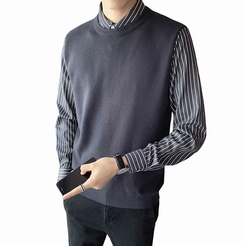 

Autumn Winter New Sweater Men Shopkeeper Style Grey Pullover Slim Men's Shirt Collar Fake Two Knitwear High Quality Hot Sale