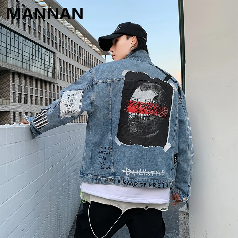 MANNAN/осенние джинсовые куртки в стиле Харадзюку в стиле хип-хоп с принтом масляной краски, мужские рваные уличные винтажные джинсы, куртка