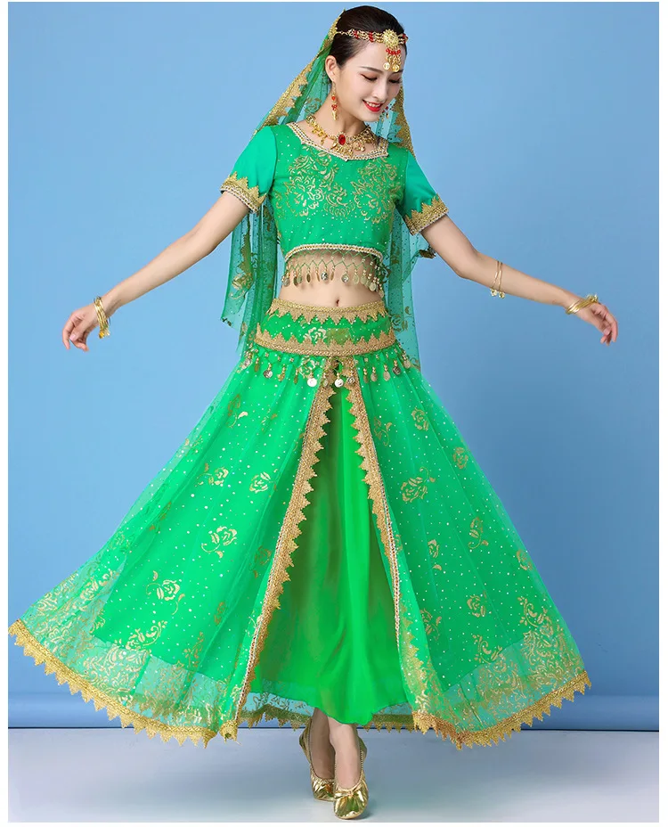 Индийское сари наряд Одежда для танцев Женская сценическая одежда Болливуд 8 шт. набор костюма для танца живота с цветочным принтом розы