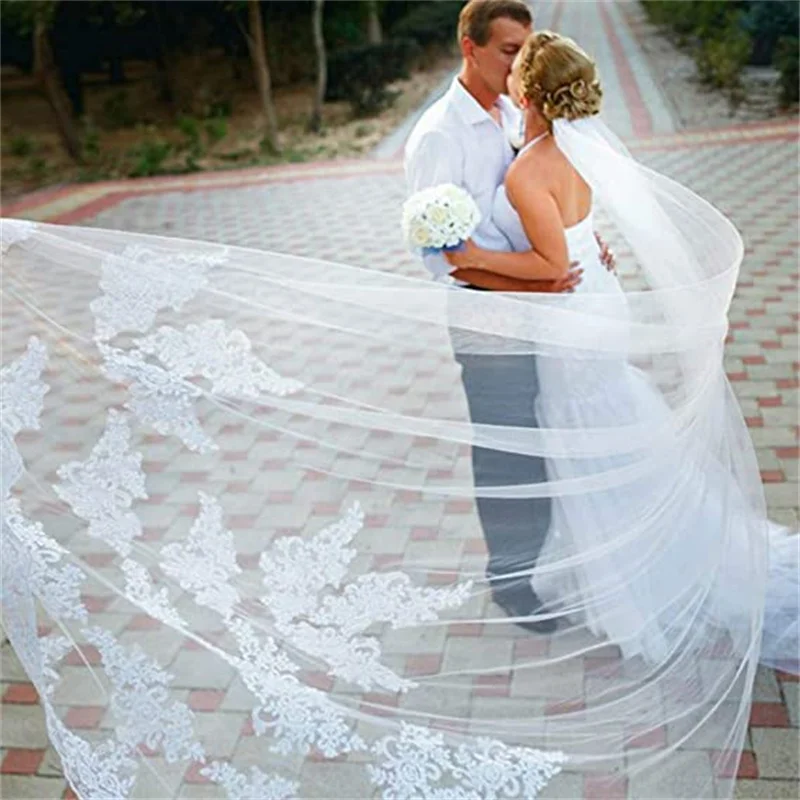 

3 Meters White Ivory Cathedral Long Wedding Bridal Veil Soft Tulle Lac Edge Wedding Veils For Brides Cheap Wedding Accessories