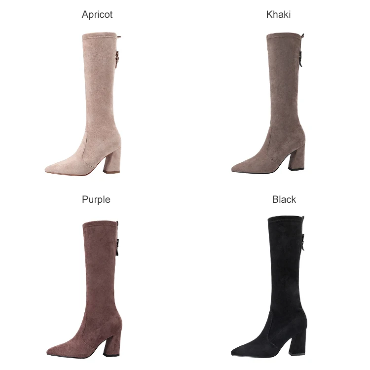 New Winter Women Mid-Calf Boots High Square Heel Pointed Toe Solid Metal Sexy Ladies Women Shoes Black Warm Boots