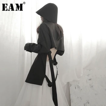 

[EAM] Women White Bandage Back Hollow Out Blouse New Lapel Long Sleeve Loose Fit Shirt Fashion Tide Spring Autumn 2020 1T122