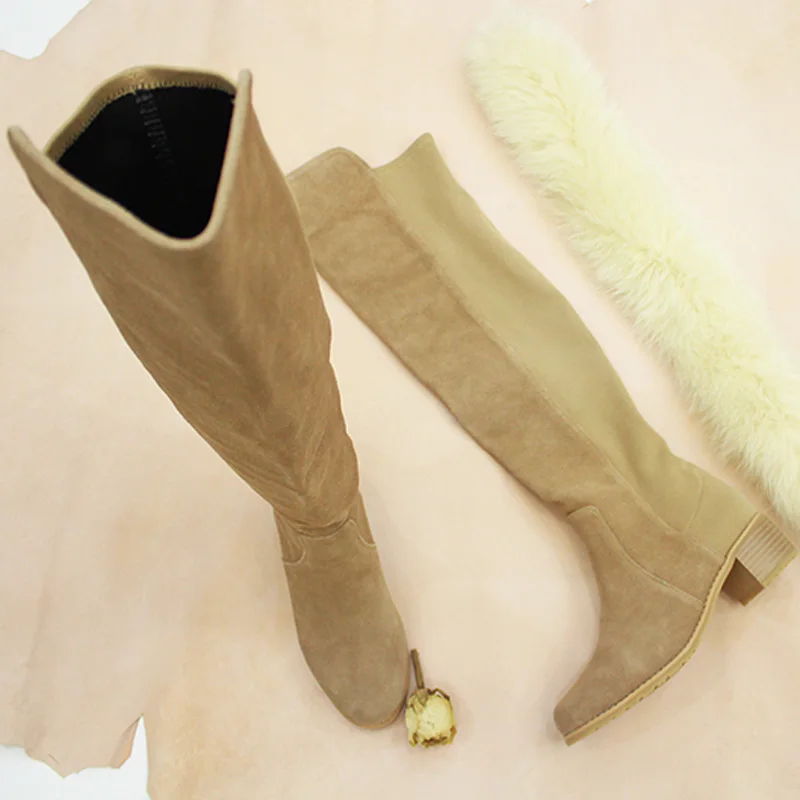 Over The Knee Women Boots Beige Suede Leather Long Boot Black Stretch Fabric Patchwork Shoes Med Heels Slip On Ladies - Цвет: as pic