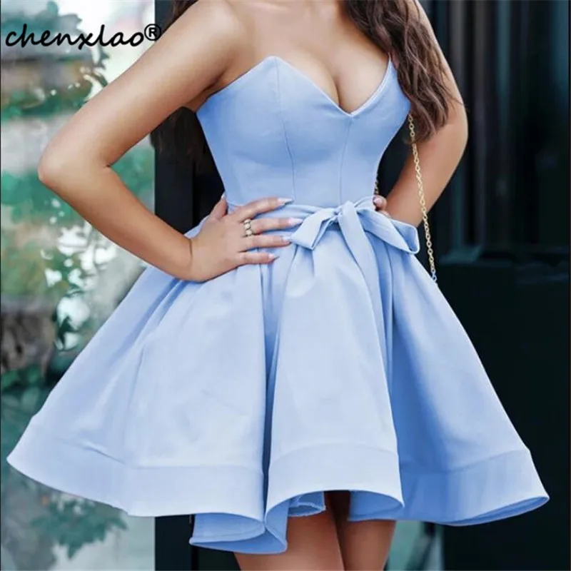 Vestido розовые платья без бретелек, сатин бант пояса возлюбленная выше колена Короткое Платье Для Школьного бала Вечерние платья