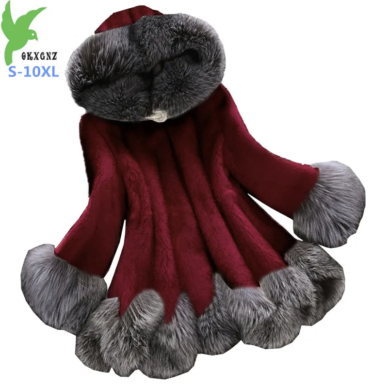 

2019 New High quality Autumn Winter Faux fur Coat Women Plus size S-10XL Mink fur Fox fur collar Hooded Jacket Female Slim G592