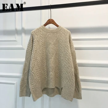 

[EAM] Irregular Big Size Knitting Sweater Loose Fit Round Neck Long Sleeve Women Pullovers New Fashion Autumn Winter 2020 1W866