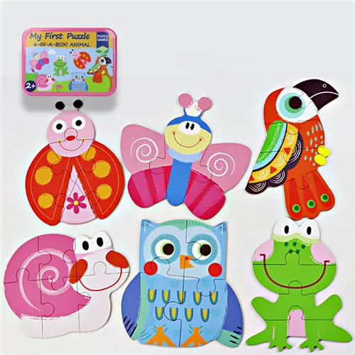 Baby Puzzle Toys Games Iron Box Cartoon 3D Animals Wooden Puzzle For Children Montessori Early Educational Toys Gifts For Kids 12