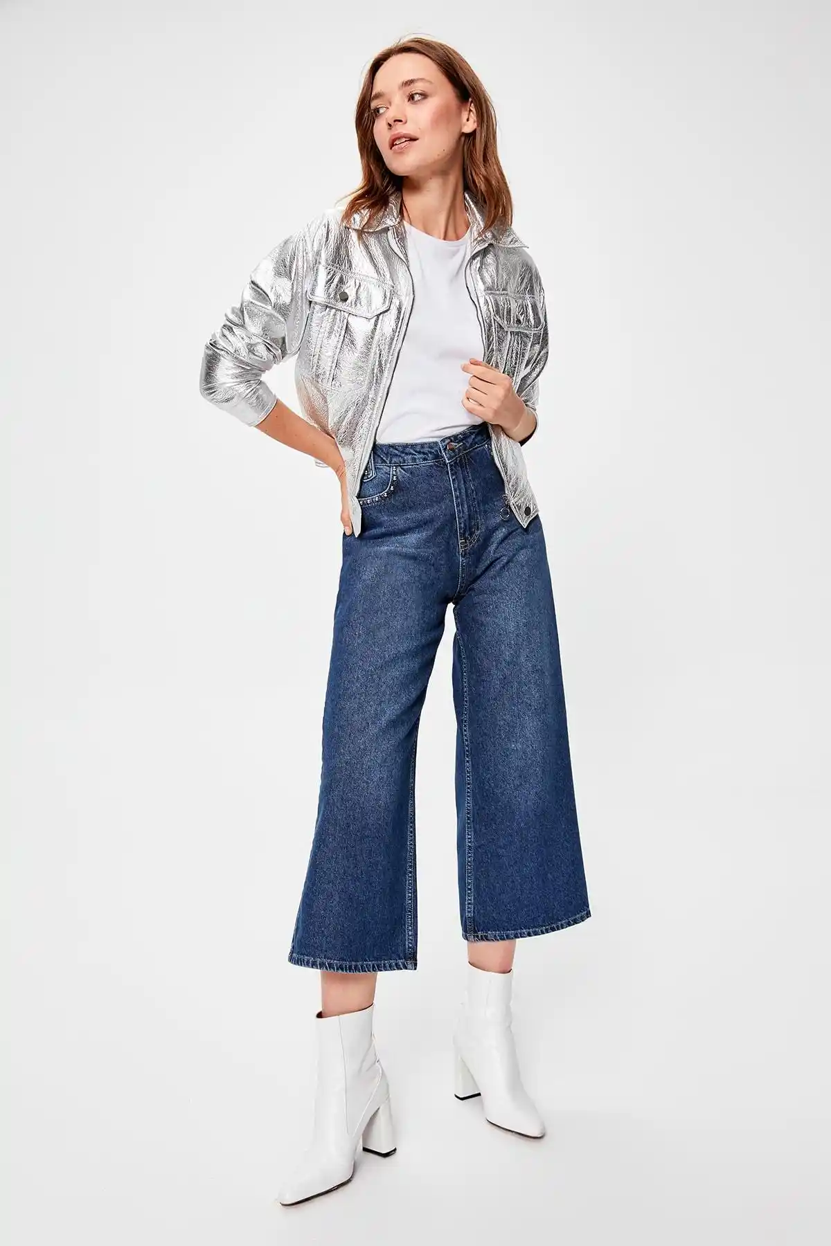 trendyol blue trok detailed high waist culotte jeans twoaw20je