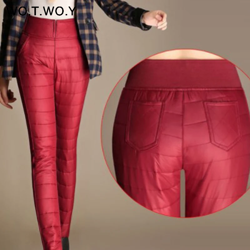 WOTWOY повседневные зимние Бархатные брюки для женщин размера плюс женские плотные теплые женские брюки с высокой талией хлопковые Женские Брюки с карманами - Цвет: P19287Wine Red
