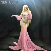 Розовые стразы длинное платье женский день рождения отпраздновать платье фонарь рукав вечернее платье певица ну вечеринку платья рыбий хвост