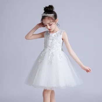 

Girl's formal dress O neck sleeveless short ponchos piano show host summer princess birthday ceremony wedding flower girl dress