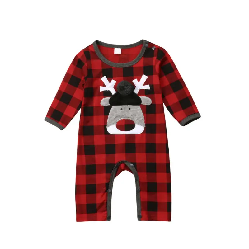 

Focusnorm 0-18M Toddler Newborn Baby Girls Boys Xmas Long Sleeve Deer Plaids Romper Jumpsuit Cotton Autumn Outfits Clothes