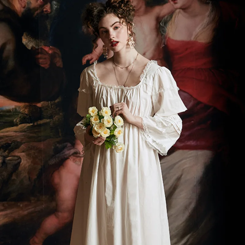 

Cotton Nightgown Woman Autumn Night Gown Long Sleeve Nightgown Sleepwear Elegant Vintage Lady Dressing Gown European Medieval