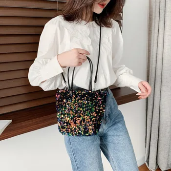 

Women Sequin Bucket Handbag Ladies Fashion Shoulder Messenger Bag Fashion Ladies Travel Shoulder Messenger Bag Girl Shopping Bag
