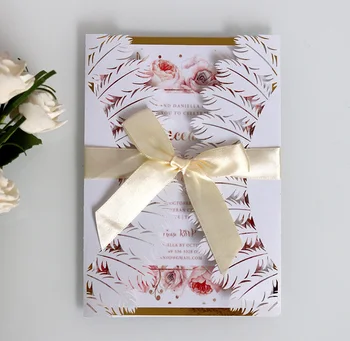 

50pcs Fancy Hollow card leaf pattern with bowknot Invitation Card Greeting Card Customize Business With RSVP Card Party Supplies