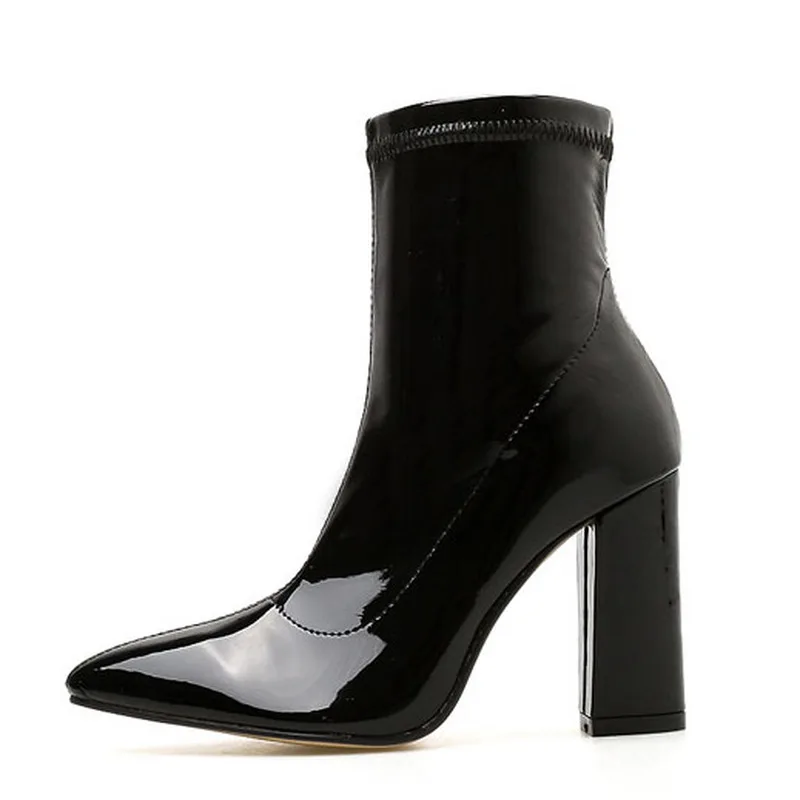 COWCOM Women Mid calf Point Toe Thick With Pointed Pointed Thin High-heeled Patent Leather Boots Women's Boots JXQ-999-1