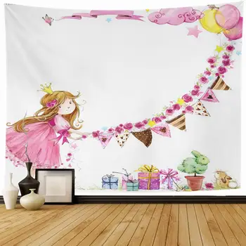 

Young Pink Fairy Cute Princess Birthday Watercolor Baby Bunny Girl Balloon Home Decor Tapestries