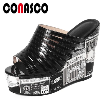 

CONASCO Summer Fashion Concise Rome Style Women Sandals Pumps Slippers Patent Leather Print Wedges Heels Platforms Shoes Woman