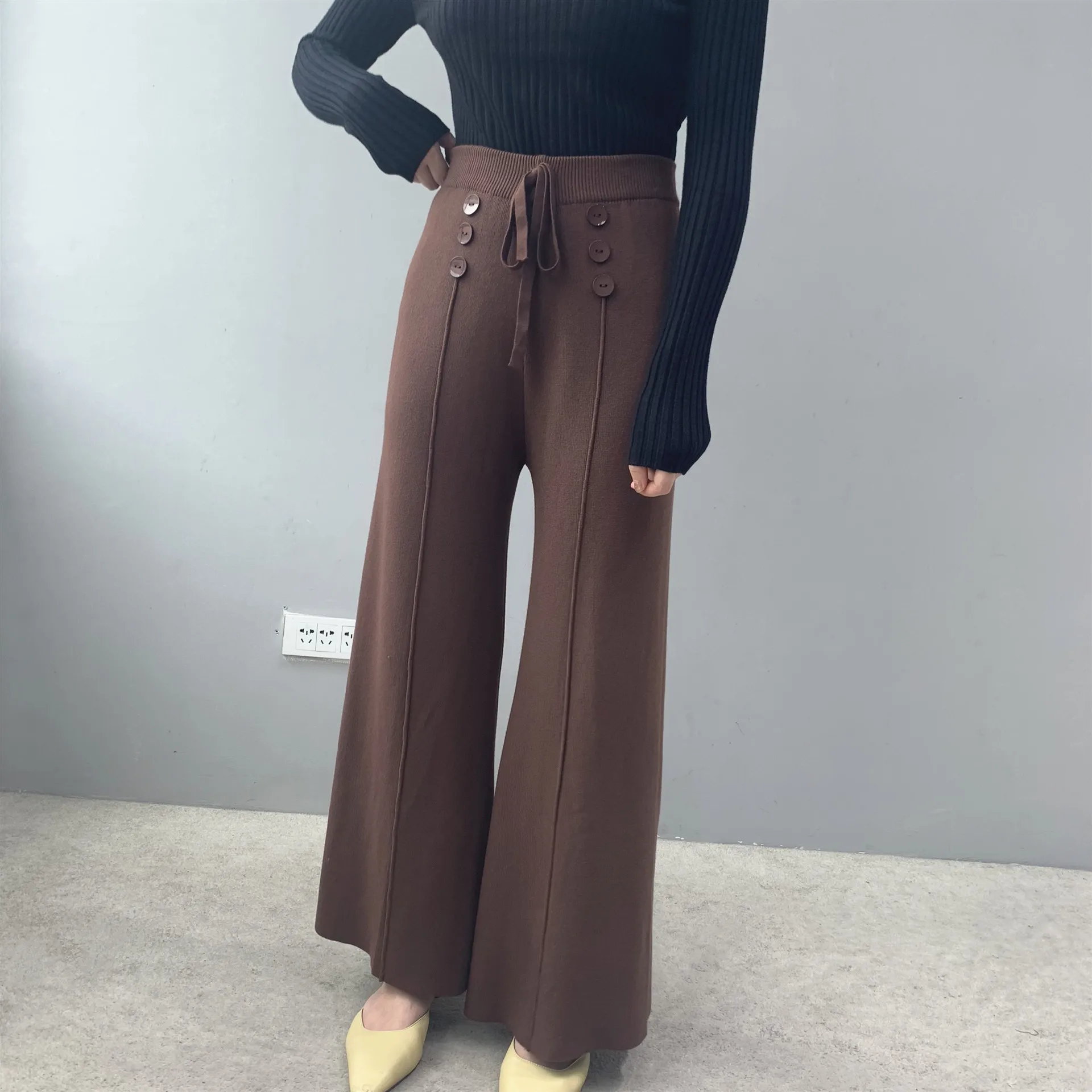 coffee Для женщин брюки Новинка весны мягкий вощеный удобные WaistCashmere трикотажные брюки женская, одноцветная брюки с широкими штанинами Повседневное - Цвет: coffee