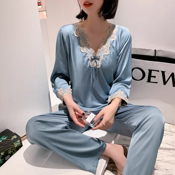 

Sexy Lace Trimmed Pyjamas Mujer PJ Set Homewear 2020 Women Elegant Pajamas Set Silk Long Sleeve Pijamas Casual Sleepwear